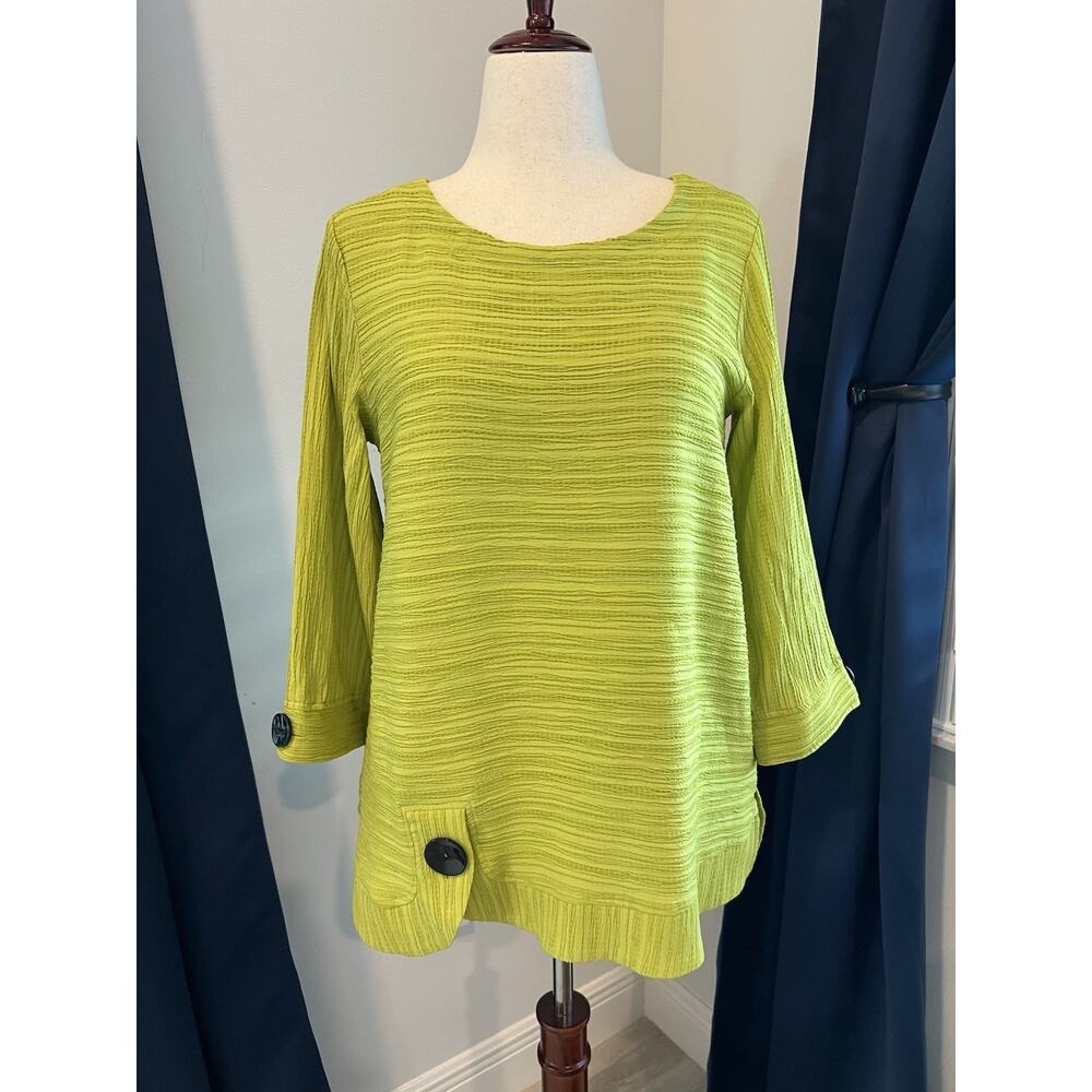 ALI MILES Textured SM Chartreuse Tunic Top Artsy Boho Lagenlook Asymmetrical EUC